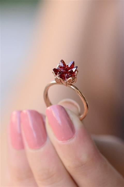 fashion jewe 925 Ayar Gümüş Kırmızı Lotus Çiçeği Ayarlanabilir 14k Gold Kaplama Kadın Yüzük