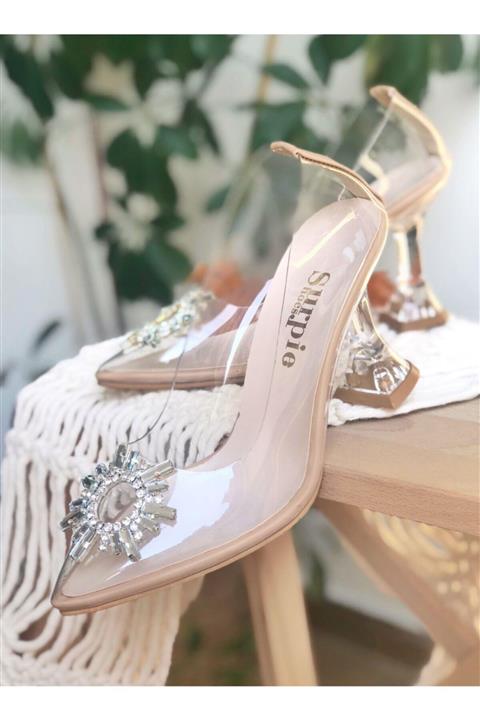Surpie Shoes Taş Detaylı Şeffaf Kadın Topuklu Ayakkabı