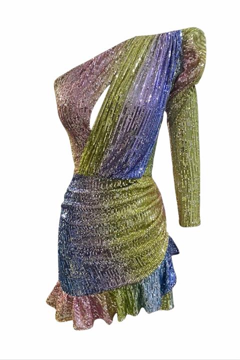 GIRAGIRA Rainbow Tek Omuz Payetli Elbise