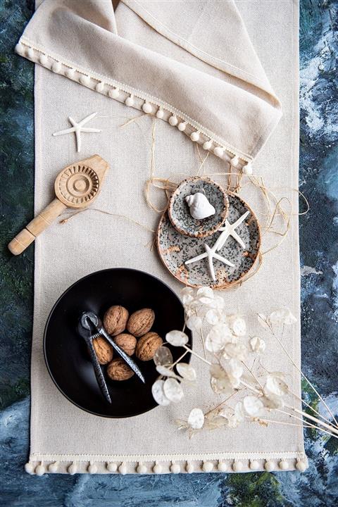 Anı Home Doğal Keten Beyaz Ponponlu Runner