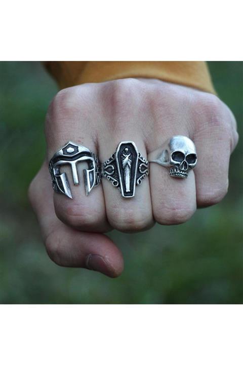 Zuk Collection Antik Gümüş Kaplama Ayarlanabilir Model 3 Adet Erkek Yüzük Seti