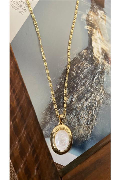 AychaAksesuar Beyaz Sedef Taş Uzun Gold Kolye