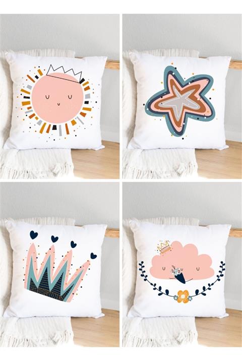 JUNİOR HOME CONCEPT Bulut Güneş Taş Figürlü Dijital Baskı 4'lü Kırlent Kılıf Seti