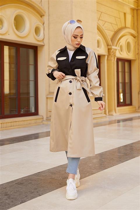 festmoda Kadın Iki Renkli Cep Detaylı Bej Trençkot