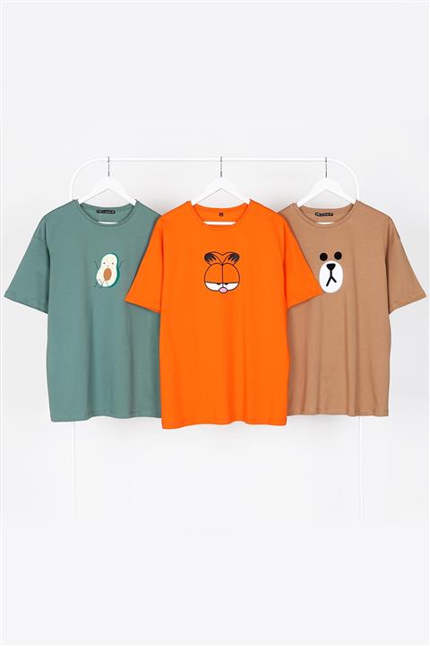 Sekizbiraltı Baskılı Oversize Unisex Tshirt - 3 Lü Paket
