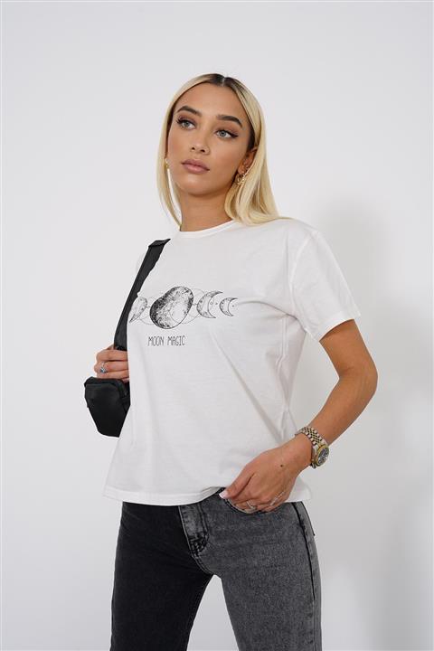 PushOver Kadın Beyaz Asimetrik Baskılı T-shirt 4002