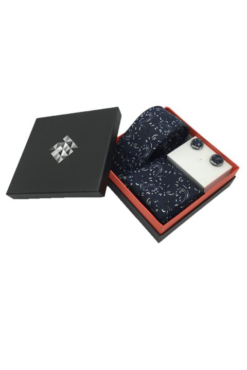 Tr10 Fashion Tr10 Lacivert Şal Sim Desenli Kutulu Kravat Set