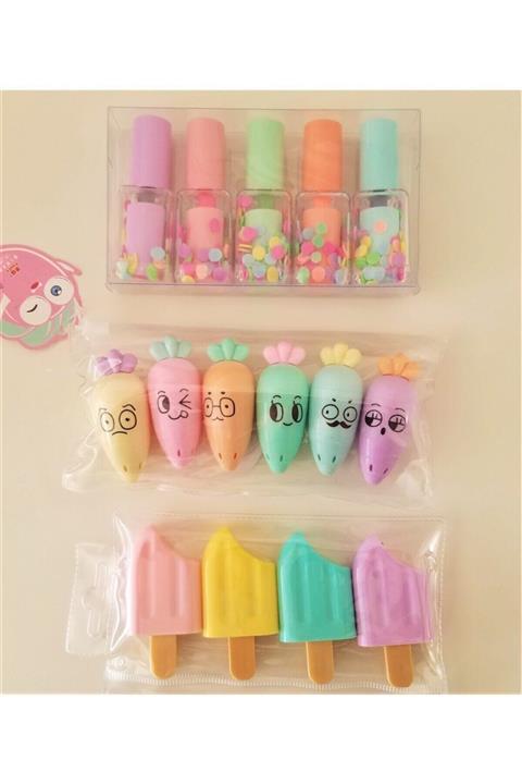 eskiminder Ithal Mini Fosforlu Kalemler Seti 3'lü - Oje - Sevimli Havuç - Dondurma