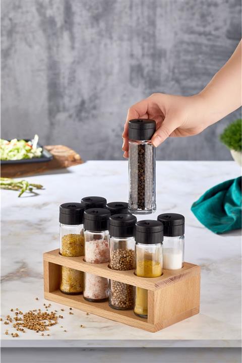 melik's Lima 8li Baharat Takımı Ahşap Stantlı Tuzluk Biberlik Seti Baharatlık Siyah Kapak