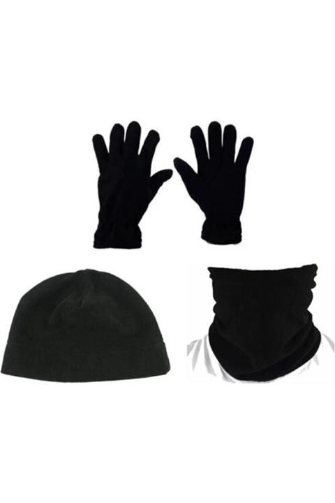 LEADER TRADE Unisex Siyah Polar Bere Boyunluk Eldiven 3'lü Set