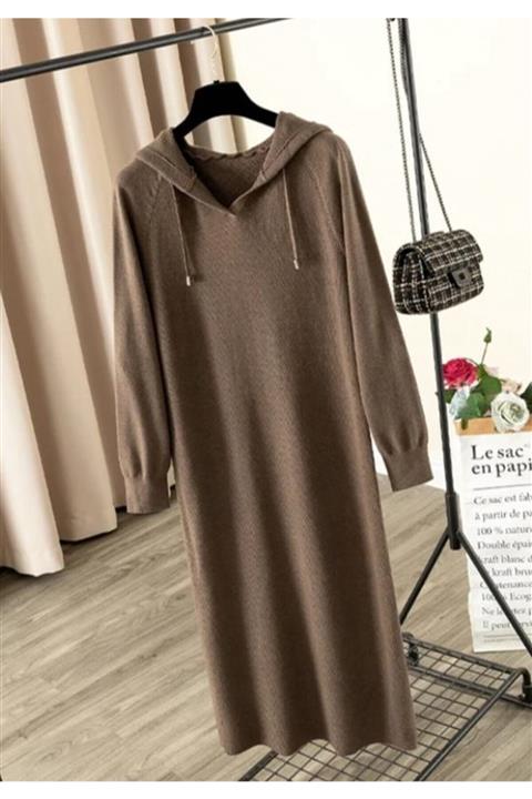 ELBİSENN Kadın Kahverengi Kapüşonlu Fitilli Triko Basic Elbise