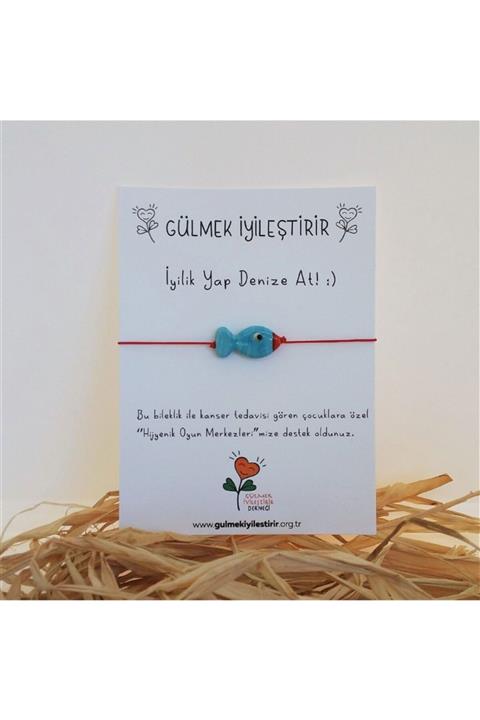 Gülmek İyileştirir Derneği - Ayarlanabilir Ipli, Hediyelik, Unisex Kadın Erkek Çocuk, Mavi Cam Balıklı Bileklik