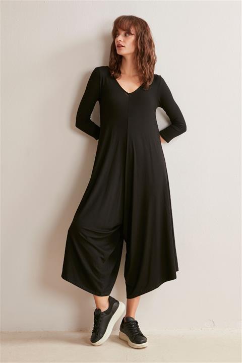 Jimmy Key Kadın Siyah Truvakar Kollu V Yaka Bol Paça Tulum