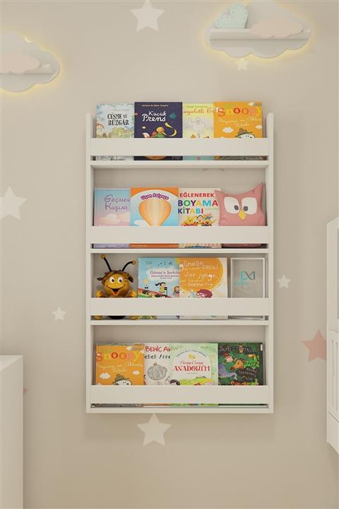 Dekomotif Montessori Mdf Çocuk Odası Eğitici Kitaplık Bebek Odası 4 Raflı Beyaz Kitaplık 75x120