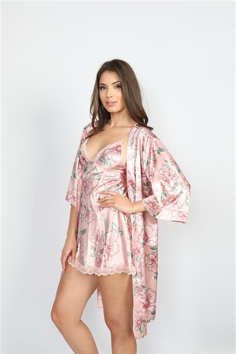 GIONA Flowers 5'li Saten Çiçek Desenli Şortlu Gecelik Sabahlık Takımı