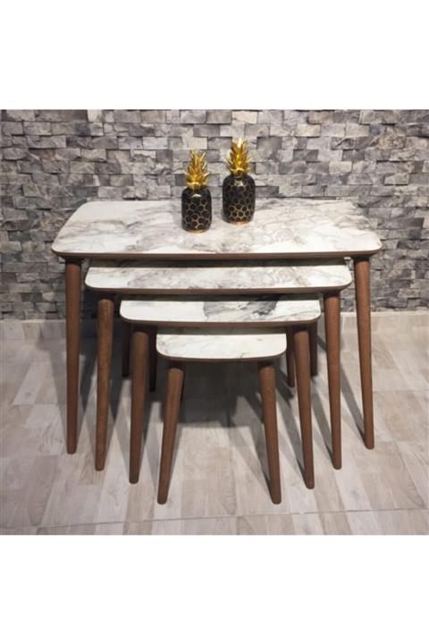 MASALL Sehpa 4'lü Mermer Desen Ceviz Rengi Ayak