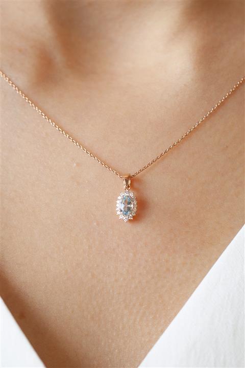Cenova Kuyumculuk Pırlanta Aquamarin Taşlı Kolye 0,13 Ct - 0,39 Ct