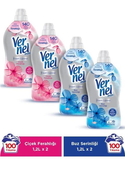 Vernel Max Konsantre Çamaşır Yumuşatıcısı 4 x 1200ml (200 Yıkama) 2Çiçek Ferahlığı + 2 Buz Serinliği