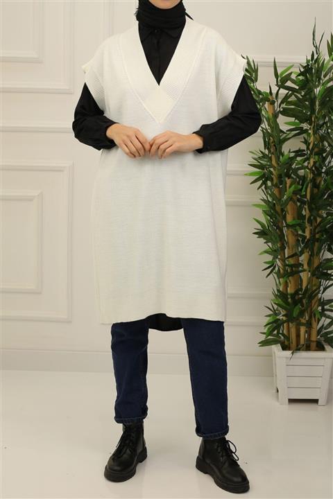 İmajButik V Yaka Salaş Triko Süveter/beyaz