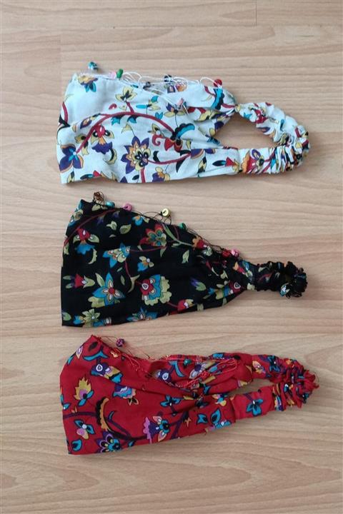 indirimsepeti Renkli Boncuklu Paraşüt Bandana Lastikli 3'lü Set Krem Siyah Kırmızı