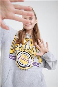 DeFacto Fit Nba Los Angeles Lakers Lisanslı Kapüşonlu Oversize Fit Içi Yumuşak Tüylü Sweatshirt