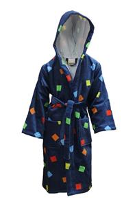Lucy and Home %100 Pamuk Unisex Geometrik Baskılı, Kadife, Lacivert Çocuk Bornozu