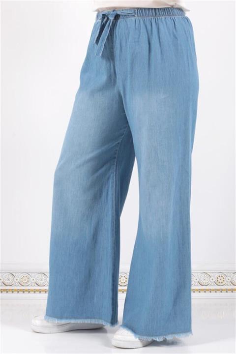 Rimel Moda Beli Lastikli Bol Paça Pantolon Mavi Kot