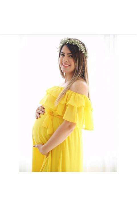 MACFLY Kadın Sarı Carmen Yaka Şifon Elbise