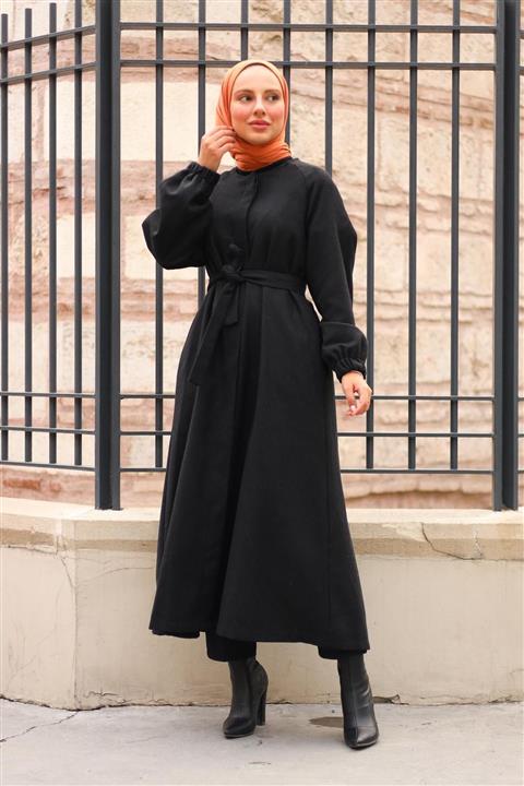 meqlife Kuşaklı Uzun Kaban - Siyah