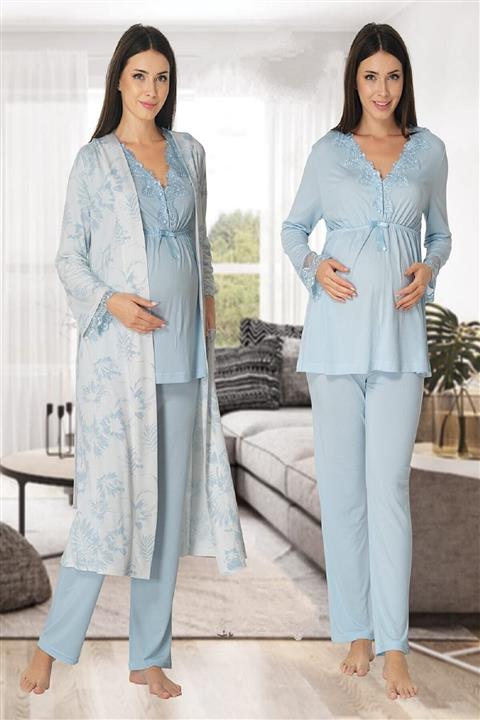 Effort Pijama Zerre Bebe Kadın Mavi Uzun Kollu Hamile Pijama Takımı Sabahlık Lohusa Set
