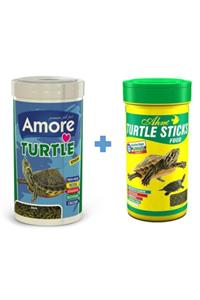 AMORE Turtle Sticks 250ml + Ahm Turtle 250ml Vitamin Kalsiyum Mineral Plus Sürüngen Ve Kaplumbağa Yemi