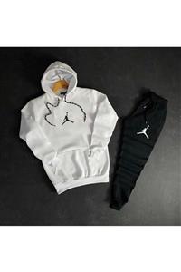 BAYMODA Erkek Beyaz Kapüşonlu Jumpman Slimfit Eşofman Takımı