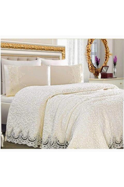 Kelebek Mavi Fransız Güpürlü Battaniye Yatak Örtüsü Seti Krem