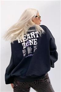 SwistLuxury Siyah Heart Zone Ön Ve Arka Baskılı Kadın Sweatshirt