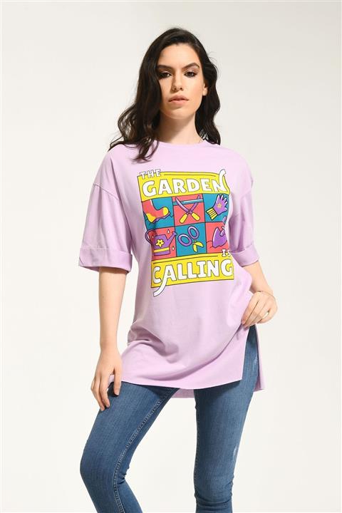 Nefise Kadın Lila Garden Baskılı Double Kısa Kol Uzun T-shirt