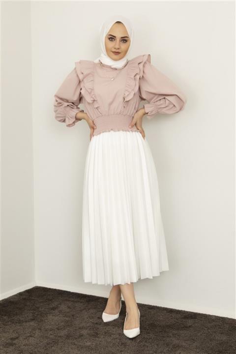 EMELL TURGAY Piliseli Beyaz Saten Etek