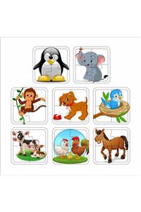 Walldeco 4 Parça 8'li Set Ahşap Çocuk Puzzle Penguen- Fil- Maymun- Köpek- Kuş- Inek- Tavuk- At