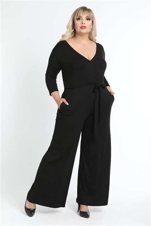 1fazlası Kadın Büyük Beden Siyah Viskon Kruvaze Yaka Bol Paça Tulum