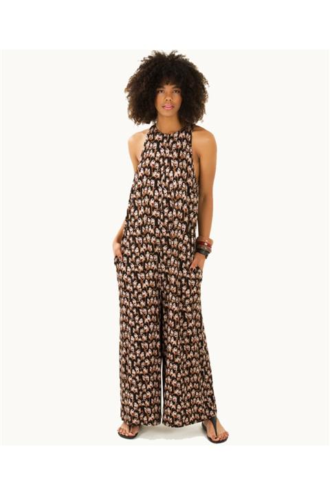 AnouAnou Sırt Dekolteli Cepli Desenli Tulum