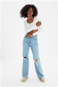 TRENDYOLMİLLA Mavi Yırtık Detaylı Yüksek Bel Wide Leg Jeans TWOAW21JE0539