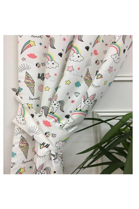 Evimstil Unicorn Kız Bebek Çocukfon Perde Kornişe, Rustik Boruya, Rustik Halkaya Uyumlu 1 Kanat Bağcıklı