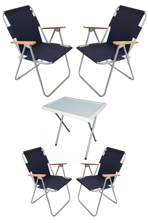 Navis Home 42x60 Arçelik Masa + 4 Adet Mavi Kamp Sandalyesi Katlanır Sandalye Piknik Plaj Sandalyesi