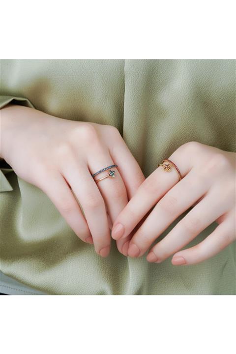 Pavo Design Dört Yapraklı Yonca, Safir Ve Emerald Taşlı Özel Tasarım Altın Kaplama Gümüş Yüzük