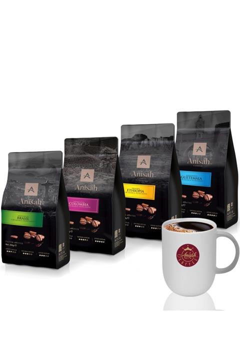 Anisah Coffee Dünya Filtre Kahve Seti 4 X 250 gram ( Çekirdek) - 300 ml Kupa
