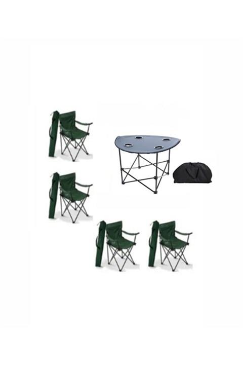 Toysan Yeşil Katlanır Çantalı Kamp Sandalyesi 4 Adet Ve Yuvarlak Gri Masa