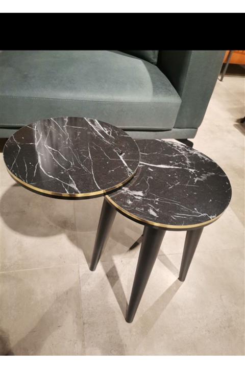 Dekoratifpeker Mermer Desenli Zigon Sehpa Ceviz Ayaklı