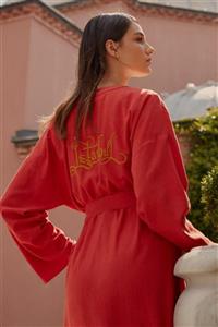DeFacto Kadın Kahverengi Hattat Yazı Baskılı Relax Fit Kuşaklı Dokuma Kimono S6265AZ20AU
