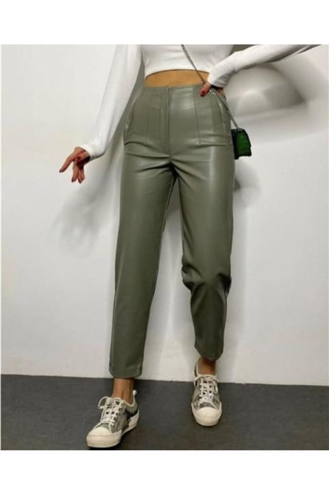 Gökkuşağı Yüksek Bel Yağ Yeşili Deri Pantolon