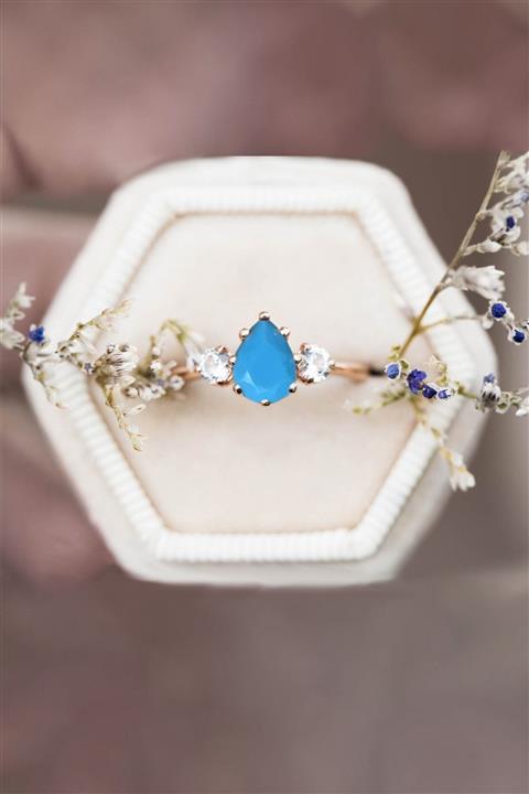 MELODİ GÜMÜŞ Mistik Topaz Mavi Firuze Taşlı 14 K Rose Altın Kaplama Ayarlanabilir Kadın Yüzük