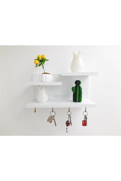 EMK HOME Duvar Rafı Anahtarlık Dekoratif Raf Çok Amaçlı Antre Duvar Askı Anahtarlık Beyaz